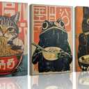 3Pcs Japanese Black Cat Eating Ramen Canvas Wall Art Funny Cats and Frog Painting Picture Wall Decor Vintage Cute Tokyo Kitchen Poster Print Artwork for Living Room Kitchen Dining Room Home Decoration 16x24in