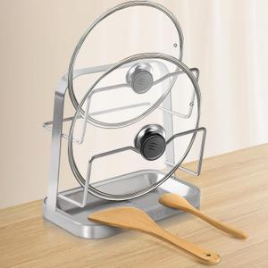 Pot Lid Holder While Cooking, 304 Stainless Steel Pot Lid Organizer and Spoon Rest for Stove top, Multifunctional Pot Lid Rack and Spoon Rest for Kitchen Counter