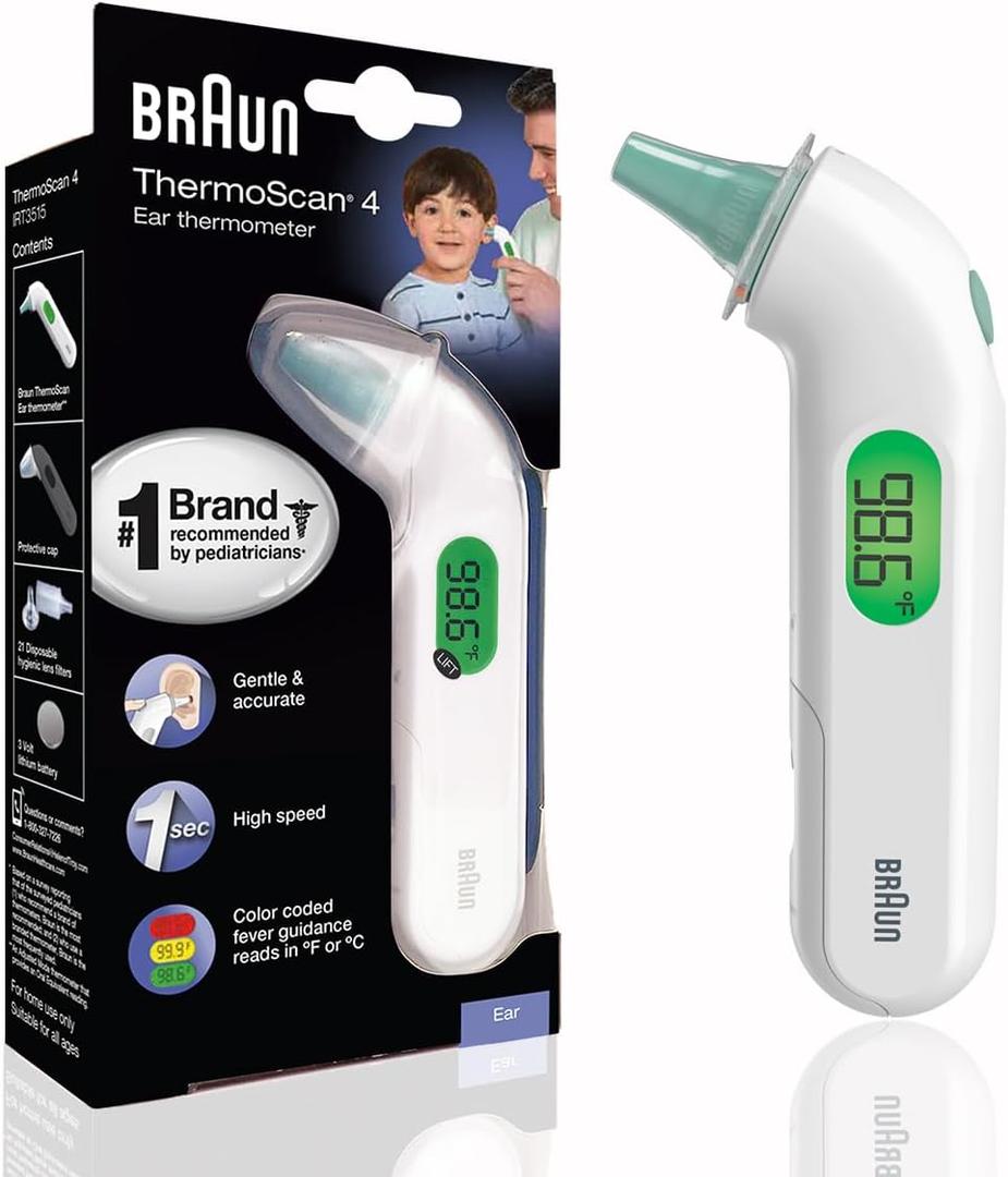 Braun ThermoScan 4 Digital Ear Thermometer for Kids and Adults, Professional Accuracy, Color Coded and Audio Fever Guidance for Babies, Toddlers