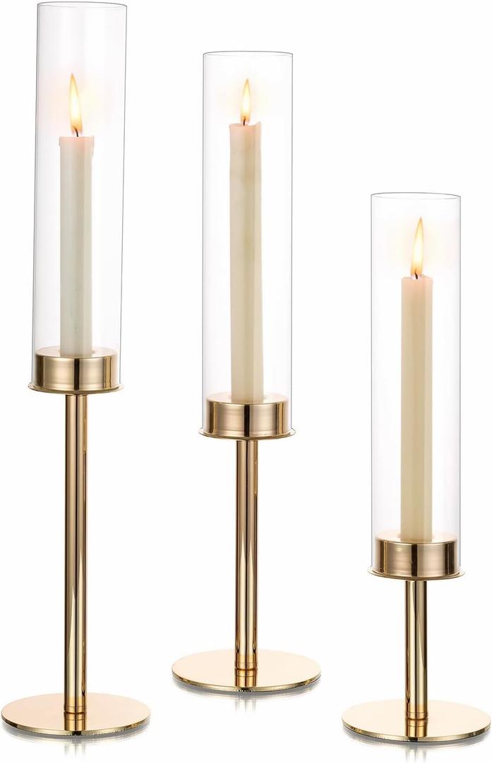 Hewory Gold Candle Holders, 3Pcs Hurricane Candlestick Holders with Glass Candle Cover for Wedding Table Centerpiece Christmas Decor