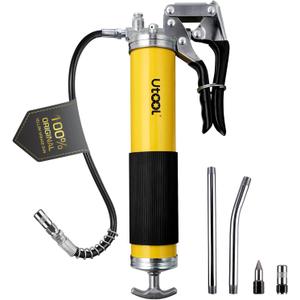 UTOOL Grease Gun, 8000 PSI Heavy Duty Pistol Grip Grease Gun Kit with 14 oz Capacity, 18 Inch Resin Flex Hose, 2 Basic Couplers, 2 Extension Rigid Pipes and 1 Sharp Type Nozzle, Argent Matte Finish (14oz with Standard Coupler Set, Black/Yellow)