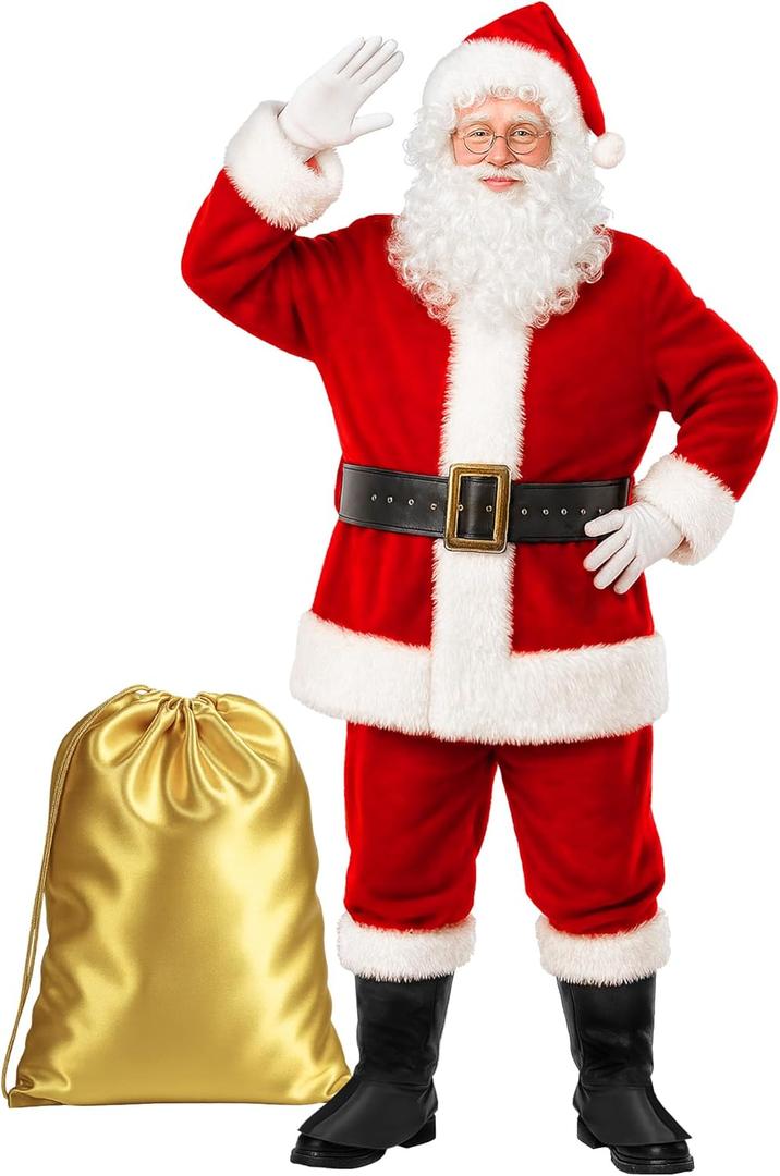 Gardentime Santa Claus Costume for Men Santa Suit Adult 10pcs Christmas Deluxe Red Outfit Xmas Holiday Party Cosplay, XL