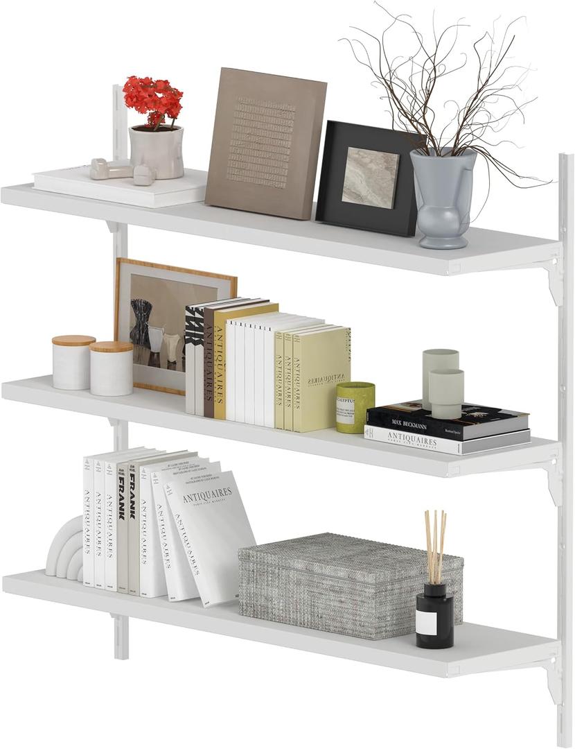 8" Deep 32 Long Adjustable Deep Floating Shelves for Wall 3-Tier, Wall Mount Metal Shelf 165LBS, Heavy Duty White Storage Rack for Garage, Kitchen, Bathroom, Bedroom, Wall Shelving Decor