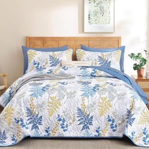 WONGS BEDDING Navy Blue Quilt Queen Size, Botanical Bedspread with Leaves Pattern 3 Pieces Lightweight Microfiber Reversible Coverlet Home Decor for All Seasons 96"x90"