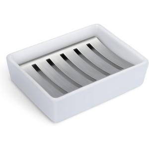 Soap Dish for Bar Soap, Bathroom Soap Holder for Shower, White Ceramic Soap Tray with Stainless Steel Draining Holder