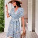 Womens Wrap V Neck Short Sleeve Dress 2025 Summer Floral Boho Dress Ruffle A Line Flowy High Low Midi Dresses (XL)