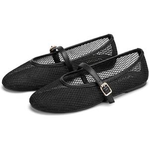 Mesh Ballet Flats for Women Round Toe Mary Jane Shoes Sexy Fishnet Trendy Dressy Ballerina Flat Shoes (7, Black)