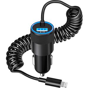 MFi CertifiediPhone Car Charger Fast Charging, Caiinei 4.8A USB Car Charger Fast Charging Cigarette Lighter Adapter with 6FT Coiled Lightning Cable for iPhone 14 13 12 11 Pro XS Max Mini XR X 8 iPad