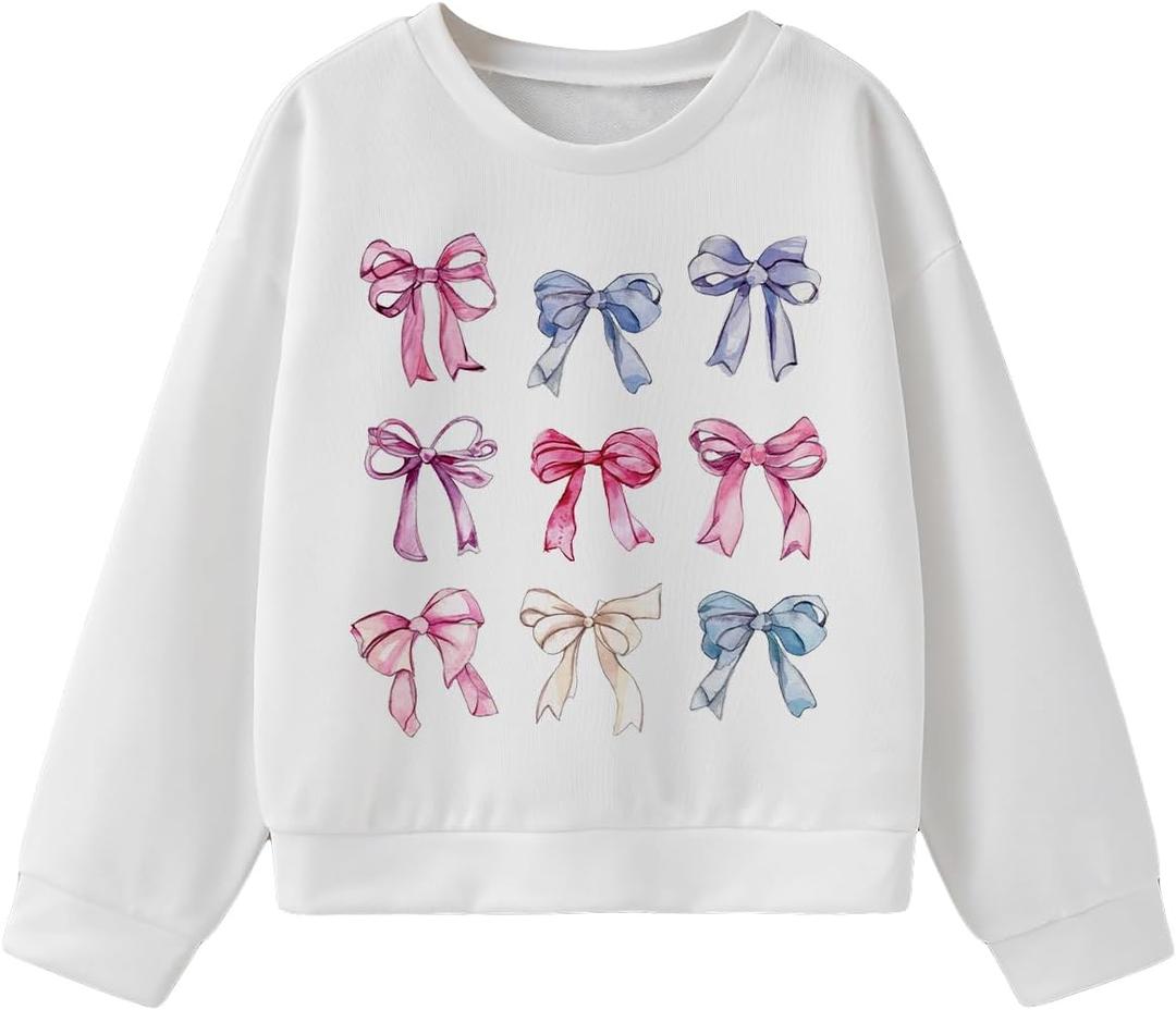 BEAUDRM Girl's Bow Graphic Sweatshirts Long Sleeve Crewneck Cute Pullover Cute Pullover Tops T Shirt (White)