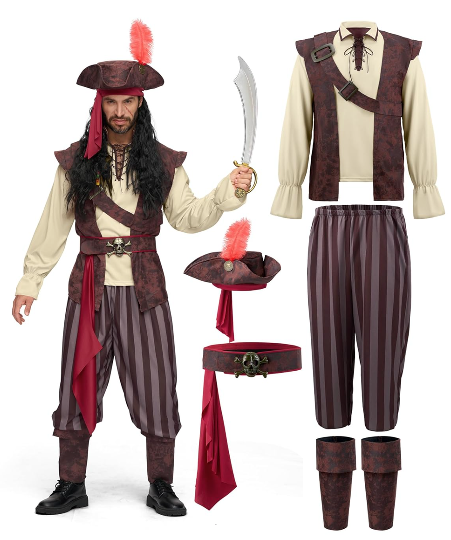 Spooktacular Creations Mens Caribbean Pirate Costume Adult Sea Captain Robber Costume for Halloween, Size L
