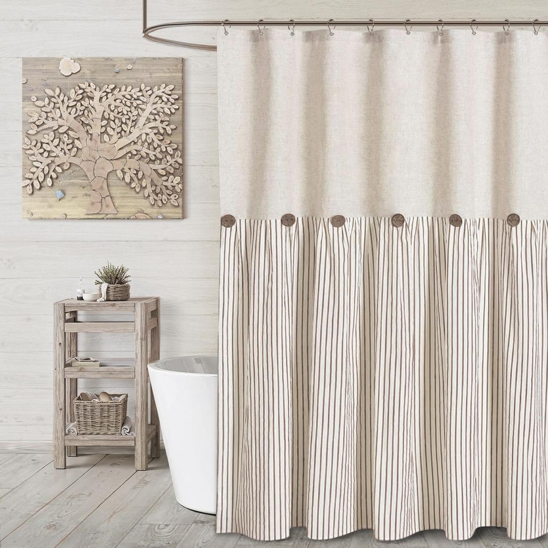 Awellife Farmhouse Beige Shower Curtain Button Linen Textured Woven Fabric, Pleated Beige Stripe, Country Style, 72x72 Inch