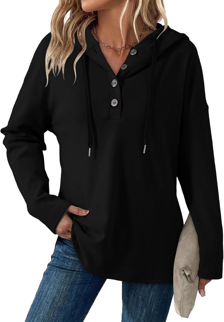 Dokotoo Hoodies for Women Long Sleeve Drawstring Button V Neck Fleece Casual Lightweight Pullover Sweatshirt Hooded Tops (Black, S)