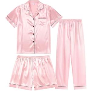 TinyChoice 3 Piece Silk Satin Pajama Set for Women Soft Short Sleeve Button Down Pjs with Shorts Long Pants Sleepwear Medium