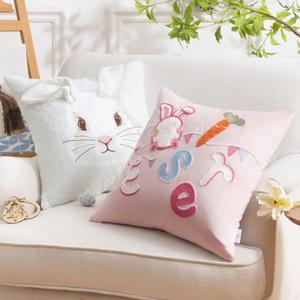 Ashler Easter Pillow Covers 18x18 Set of 2, Cute Pink Bunny with 3D Ears Embroidery, Velvet Soft Decorative Throw Pillow Covers for Spring Easter Home Decor, Living Room, Bedroom, Couch, Sofa