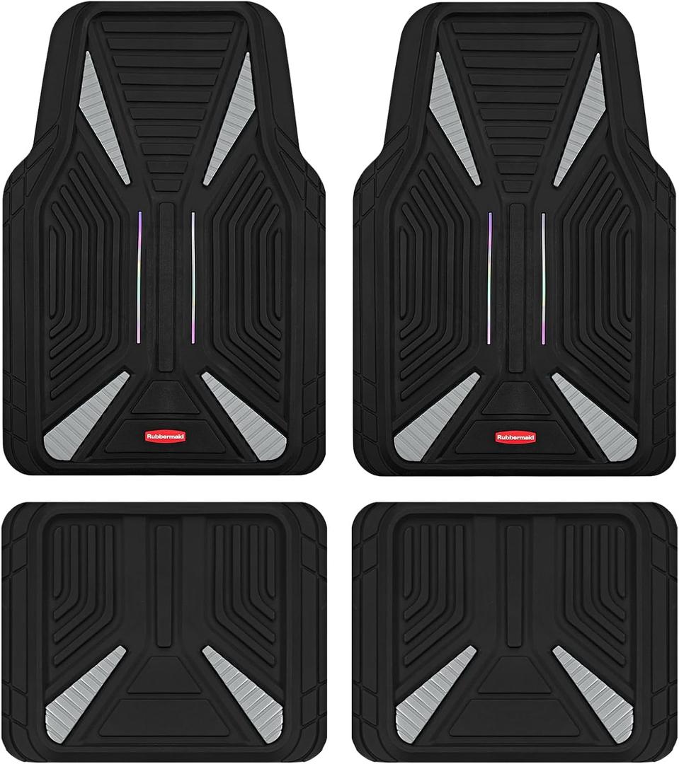 Rubbermaid Car Mat Full Set, Universal Trim-to-Fit Heavy-Duty Car Floor Mats 4-Piece Set for All Weather Protection Durable Rubber Mat for Cars, Trucks, SUVs & Vans-Gray
