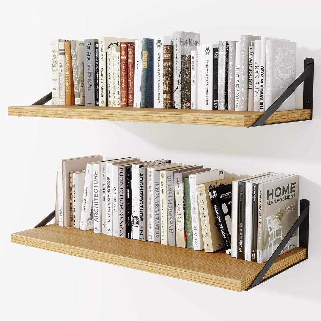 Deep Wall Shelves 30"W x 12"D Engineered Wood Floating Shelves for Wall, Sturdy Metal Bracket Bookshelves Home Decor Storage for Living Room Bedroom Bathroom Kitchen, Set of 2, Oak Finish