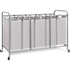 STORAGE MANIAC 5 Section Laundry Sorter, 5 Bins Rolling Separator Laundry Basket, Dirty Clothes Hamper Divider with Heavy Duty Rolling Lockable Wheels, Large Clothes Organizer Cart, Gray