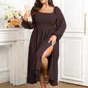 SCOMCHIC Women's Plus Size Fall Dresses Long Sleeve Square Neck Smocked Flowy A-Line Formal Wedding Guest Maxi Dress (Brown, XXXL)
