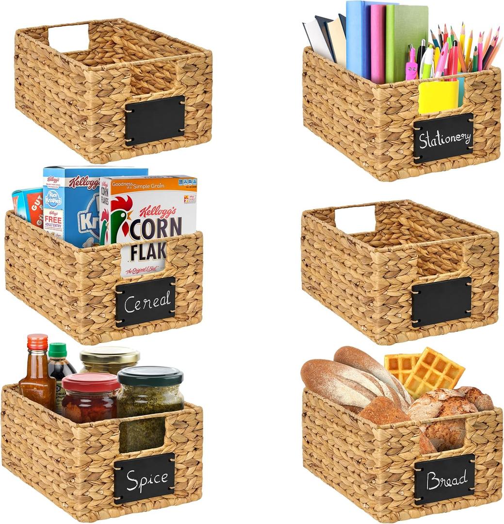 BARIEN 6 Pcs 12" x 9" x 6" Natural Water Hyacinth Woven Storage Baskets, Rectangular Wicker Basket with Built-in Handles, Woven Cube Storage Bin with Chalkboard Label Chalk Marker (Natural - Set of 6)