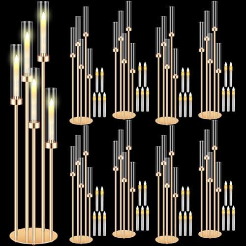 Tandefio 8 Sets Acrylic Candelabra Centerpieces 42.5" Tall Clear Candle Holders Pillar Taper Candlestick with Lampshades 5 Arm Floor Candelabra Stand for Wedding Christmas Ceremony Dinner Party