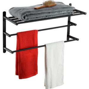 KOKOSIRI Double Towel bar with Shelf 3 Tier Towel Rack with Single Towel Bar Bathroom Towel Rack Storage Organizer Wall Mounted Stainless Steel, Matte Black, B5003BK