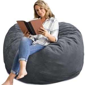 Bean Bag Chair 4Ft, Memory Foam Filled, Removable Velvet Cover, Giant Bean Bag Chairs for Adults and Teens, Round Sofa Chair for Living Room, Bedroom and Gaming Room, Grey