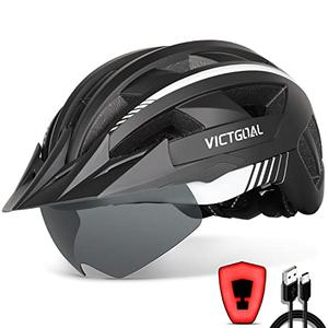 VICTGOAL Bike Helmet with USB Rechargeable Rear Light Detachable Magnetic Goggles Removable Sun Visor Mountain & Road Bicycle Helmets for Men Women Adult Cycling Helmets (XL: 59-63 cm, Black White)