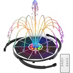 AISITIN 5.5W Solar Fountain Bird Bath with LED Colorful Lights & 3000mAh Battery, Remote Control Solar Pump for Fountain with 8 Nozzles, Solar Water Pump for Garden, Pond and Outdoor