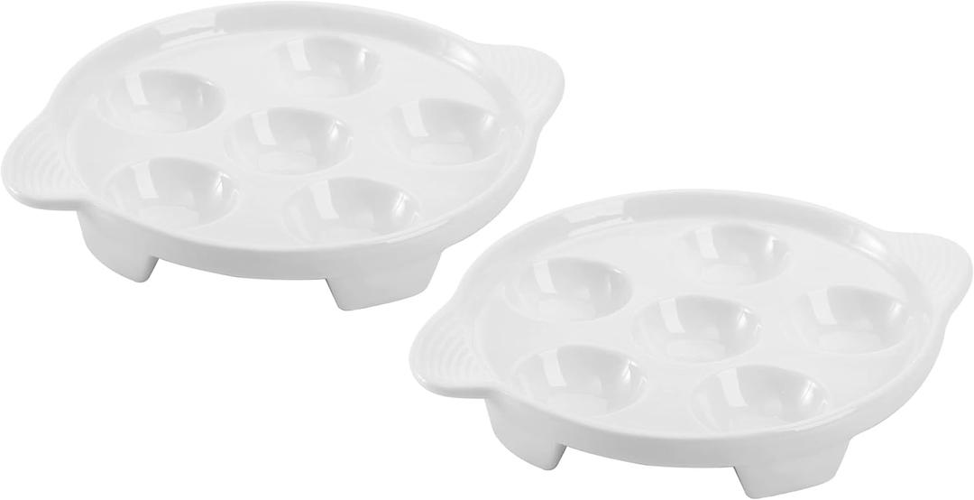 Bamboo's Grocery LoKii 6 Holes 2 Pack Ceramic Escargot Dish, Ceramic Snail Dish with Handles, Escargot Dish Diet Plates, White, 6 Inches, Medium