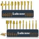 Wood Carving Bits Titanium Coated Engraving Router Bit, 20pcs HSS Rotary Burr Set with 1/8" Shank for Rotary Tools for DIY Carving, Drilling Engraving, Woodworking, Trimming, 2 Collet Included