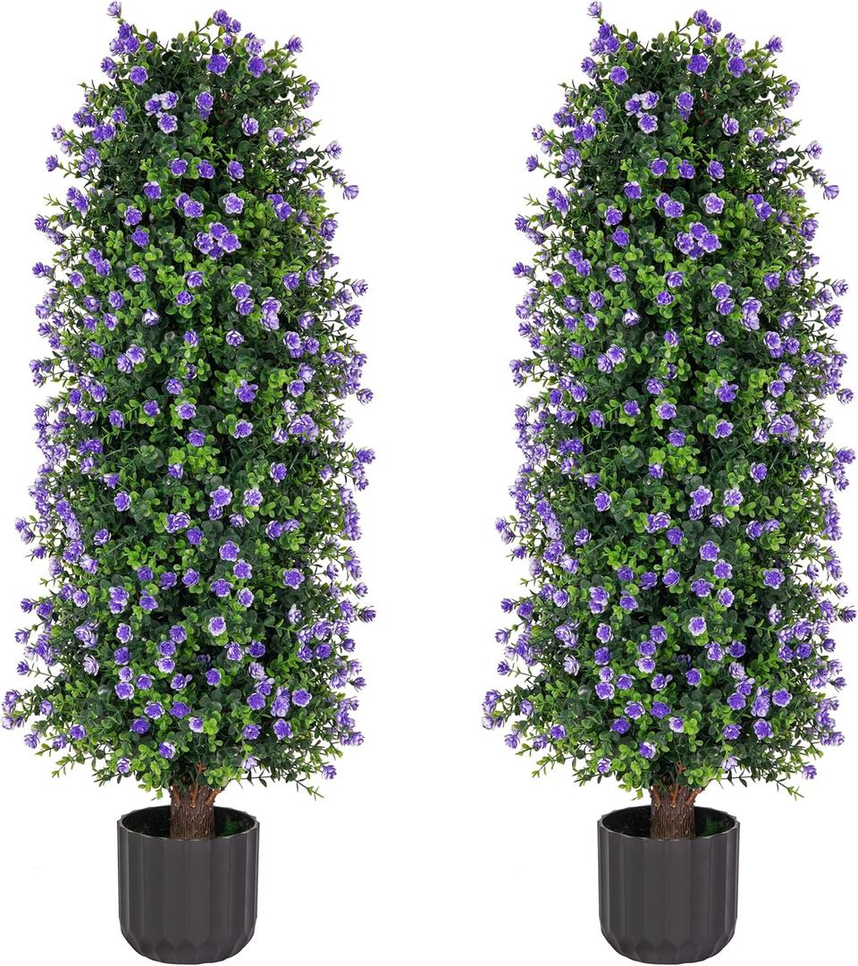 Sunnyglade 2 Packs Artificial Rose Tree 3FT- Fake Floral Plant Tree in Pot- Decorative Topiary Plant - Cement Filled Potted Faux Flower Plant for Home Office Porch Decor Indoor Outdoor (Purple)