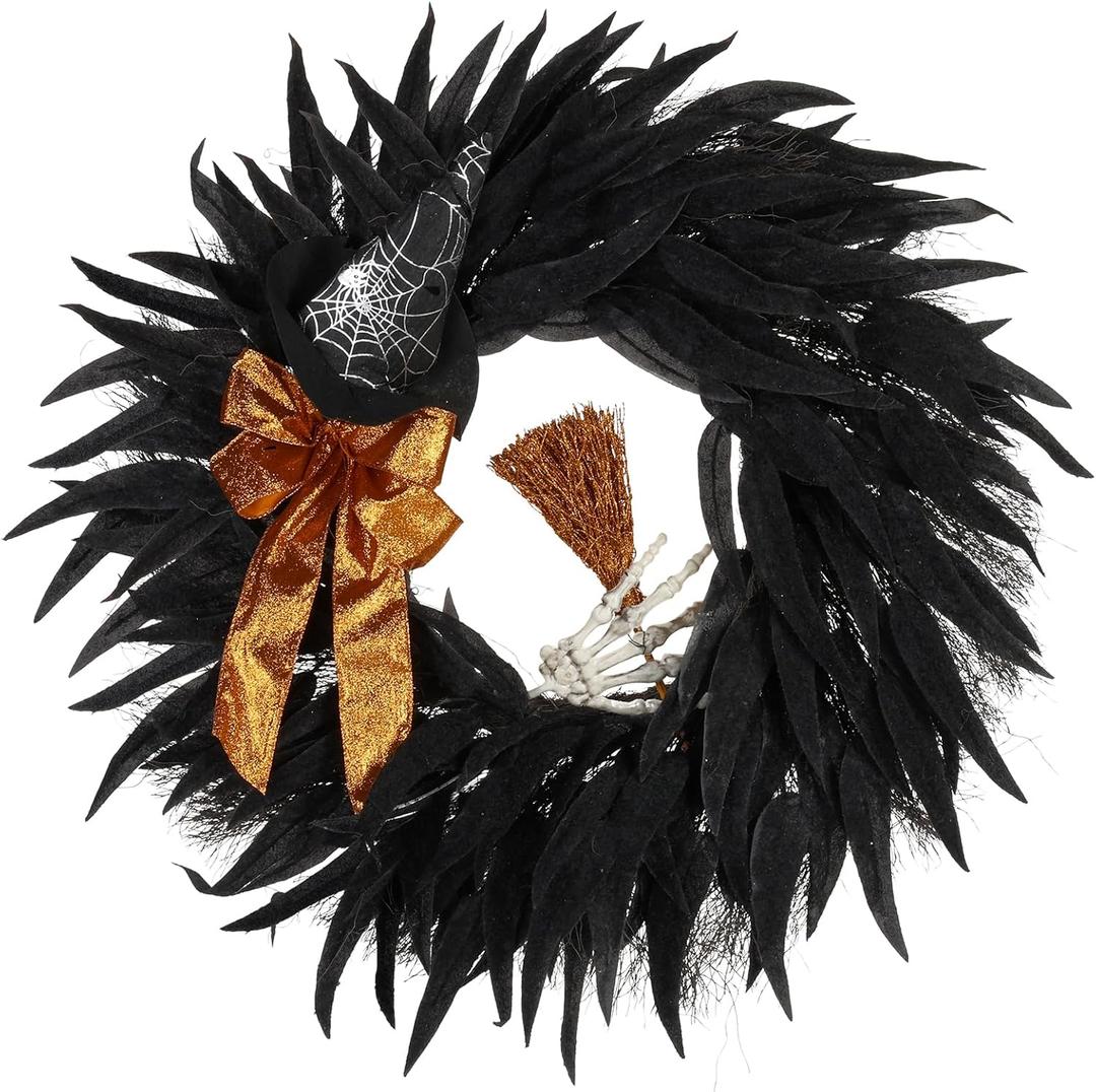 Black Wreaths for Front Door, 26inch Door Wreath, There is a Golden Bow on This Wreath, for Wall, Window, Door, Garden and Offices Decor. (Black)