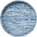 PEMAR 12.6” Mother of Pearls Lacquer Inlaid Round Serving Tray with Handles, Round Decorative Nacred Wooden Ottoman Coffee Table Tray (Blue Tiles)