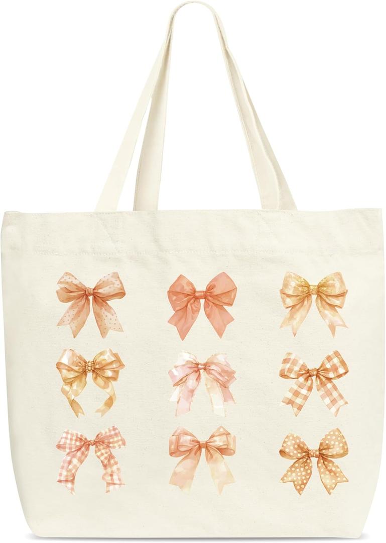 Fall Tote Bags, Beautiful Bow Canvas Tote Bag, Fall Shoulder Bag, Autumn Holiday Gifts, Thanksgiving Gifts For Women Friends Teacher Mother Colleagues -B07