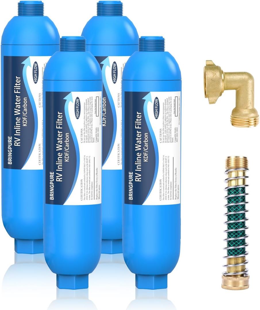 4 Packs of RV Inline/Marine Water Filter With Flexible Hose Protector, NSF Certified, Dedicated for Gardening, RVs, Campers, Trailer, Compatible with 40043 KDF Filter
