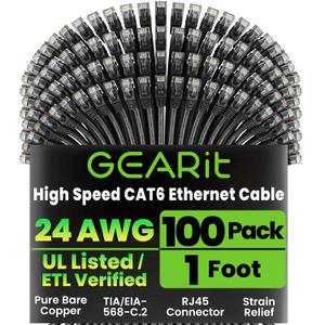 GEARit Cat 6 Patch Cables 1 ft Black (100 Pack) - Cat6 Patch Cables 1ft Black/Ethernet Patch Cable, 10Gbps 550MHz 24AWG Pure Copper, Snagless, Gold Plated RJ45 for Router, Server, Router, PC