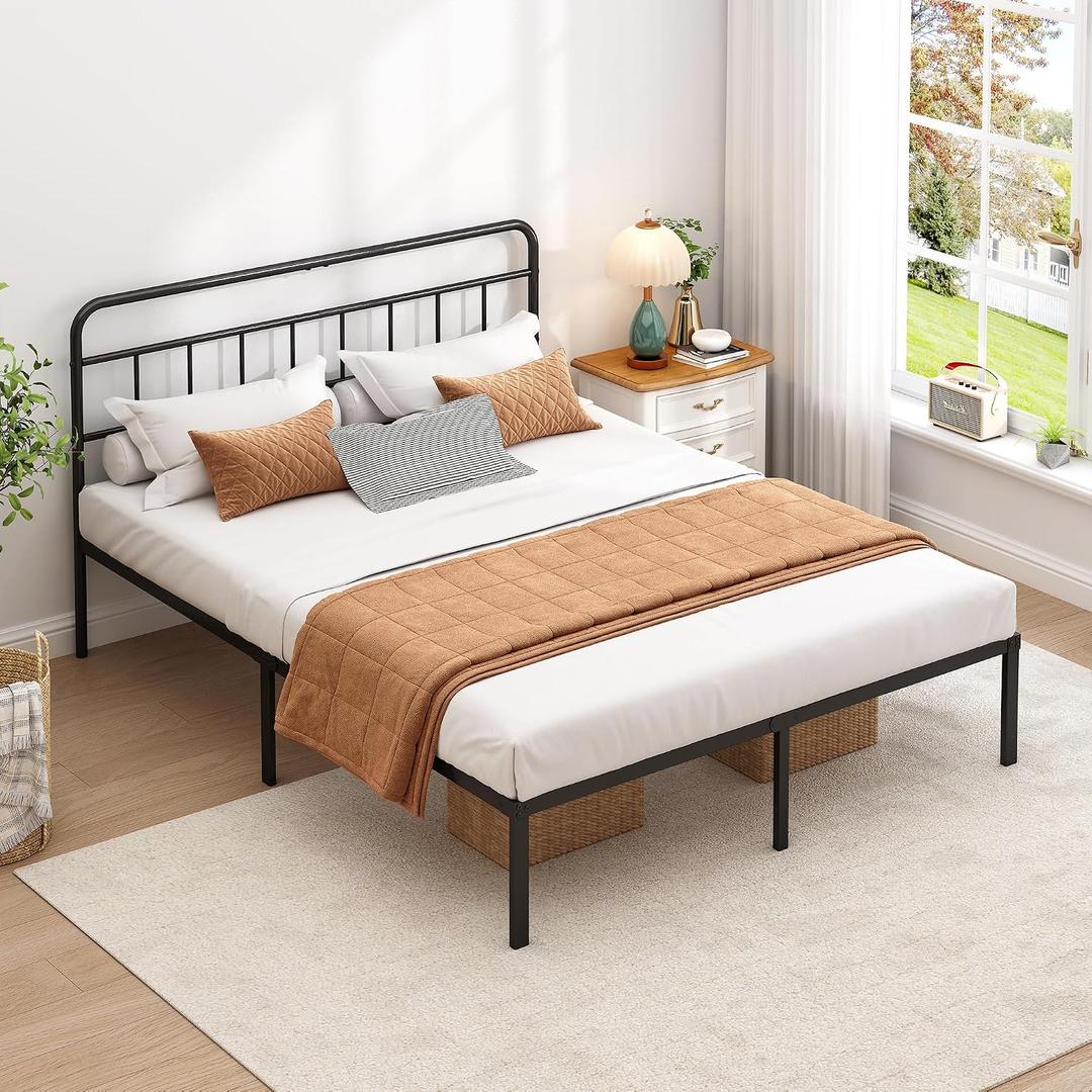 King Bed Frame with Classic Headboard,Strong Metal Slats Support,Under Bed Storage Space,No Box Spring Needed,Easy to Assemble,Black