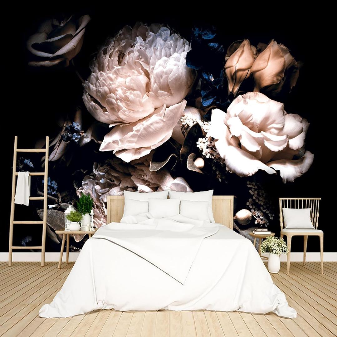 Black Peony Floral Wallpaper Peel and Stick wall Mural for Bedroom Living Room - 85"x118"