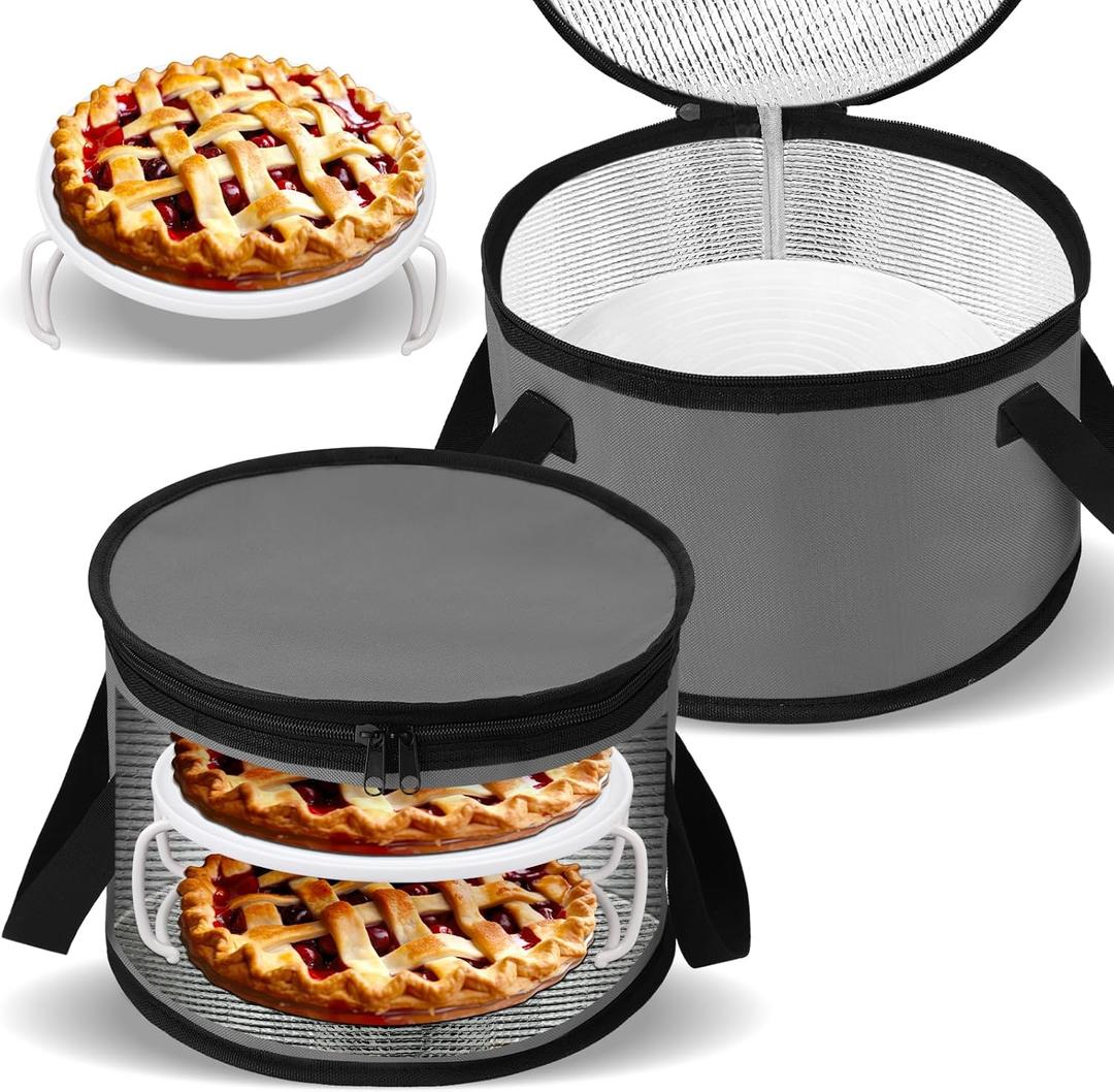 Yaomiao 2 Sets Round Pie Carrier 11 x 7 Inch with Dish Tray Plate Stacker Insulated Casserole Carrier with Lid and Handle Reusable Cooler Thermal Bags for Cold Food for Potluck Picnic (Gray)