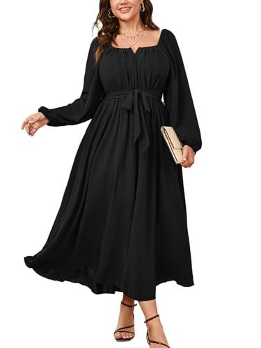 SCOMCHIC Women Plus Size Maxi Dress Long Sleeve Square Neck Wedding Guest Cocktail Belted Elegant Flowy A Line Long Dresses Black. Size 2XL