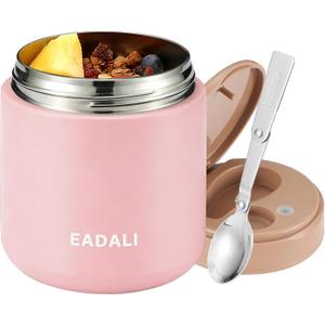 Eadali 15.2oz Kids Food Jar for Hot Food  Vacuum Insulated Lunch Container with 316 Stainless Steel Interior, Leakproof Wide Mouth & Foldable Spoon for School Meals (Pink)