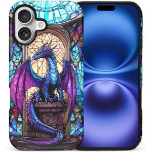Compatible with iPhone 17 Matte Case for Girl Boy Full Body Design Soft Silicone Drop Shock Scratch Protection Crazy Pattern Blue Purple Diamond Dragon Stained Glass