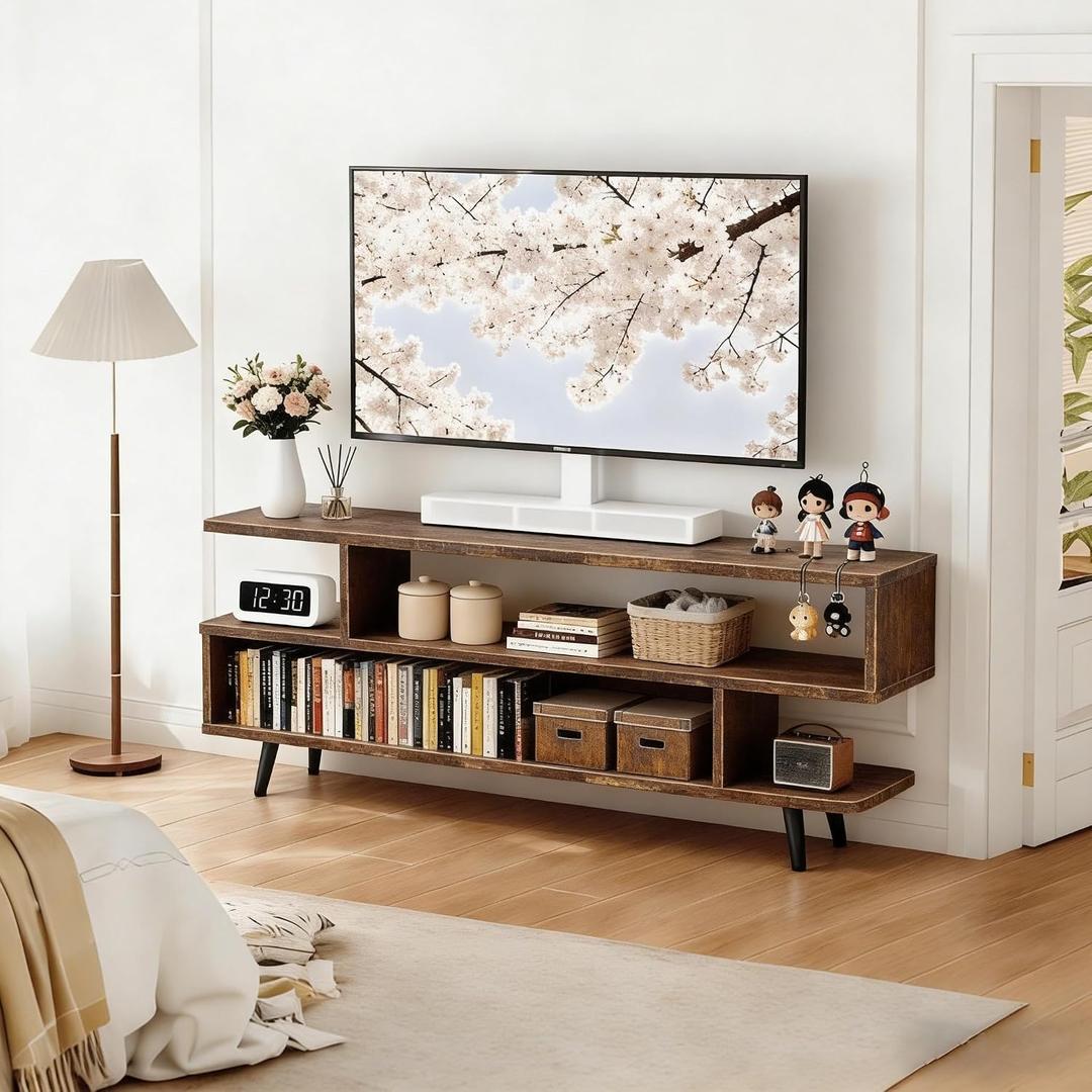45'' TV Stand for TVs Up to 55 Inch, Entertainment Center TV Console Table with Open Storage Cabinets & Shelves, Mid-Century Modern Media Console for Living Room/Guest Bedroom/Apartment, Amber