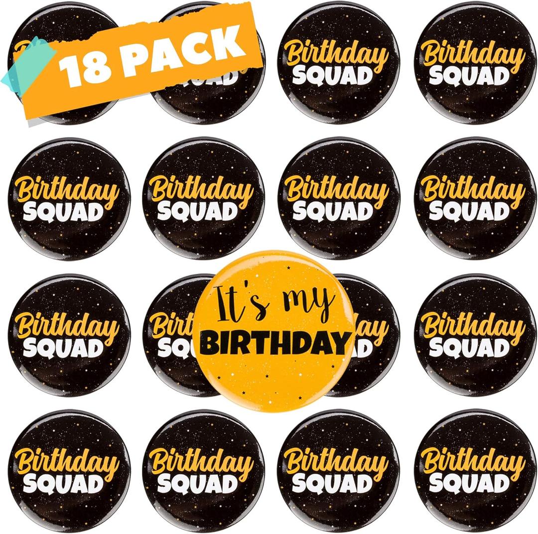 CORRURE 18pcs Birthday Button Pins 2.35" - Unisex Design for Adults, Kids, Men or Women - Party Crew Favors Supplies for the Whole Squad - Badge Pinback for Any 16th, 18th, 21st, 25th, 30th Birthday