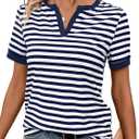 LilyCoco Striped Shirt Women V Neck T Shirts Short Sleeve Color Block Summer Tops Notch Navy X-Large (Blue, XL)