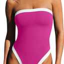 LASLULU Womens Sexy One Piece Swimsuit Strapless Padded Square Neck Bandeau Bathing Suits with Adjustable Spaghetti Straps (Pink, L)