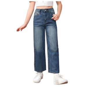 Milumia Girl's Y2k Wide Leg Baggy Denim Pants Elastic Waist Straight Jeans (Blue)