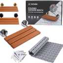 Chrome 20" Wide Wall Mounted Teak Folding Shower Bench Seat - Shower Chair or Sauna Bench - Hot Tub Bench - Entryway Fold Down Bench Seat - Holds 400 LBS - Anti-Slip Shower Mat Included