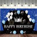 7x5ft Happy Birthday Backdrop Black White Balloon Theme Photography Background Glitter Blue Curtain Crown Fireworks Boys Kids Birthdays Party Banner Decorations Men Parties Photo Booth Prop (Color 1)