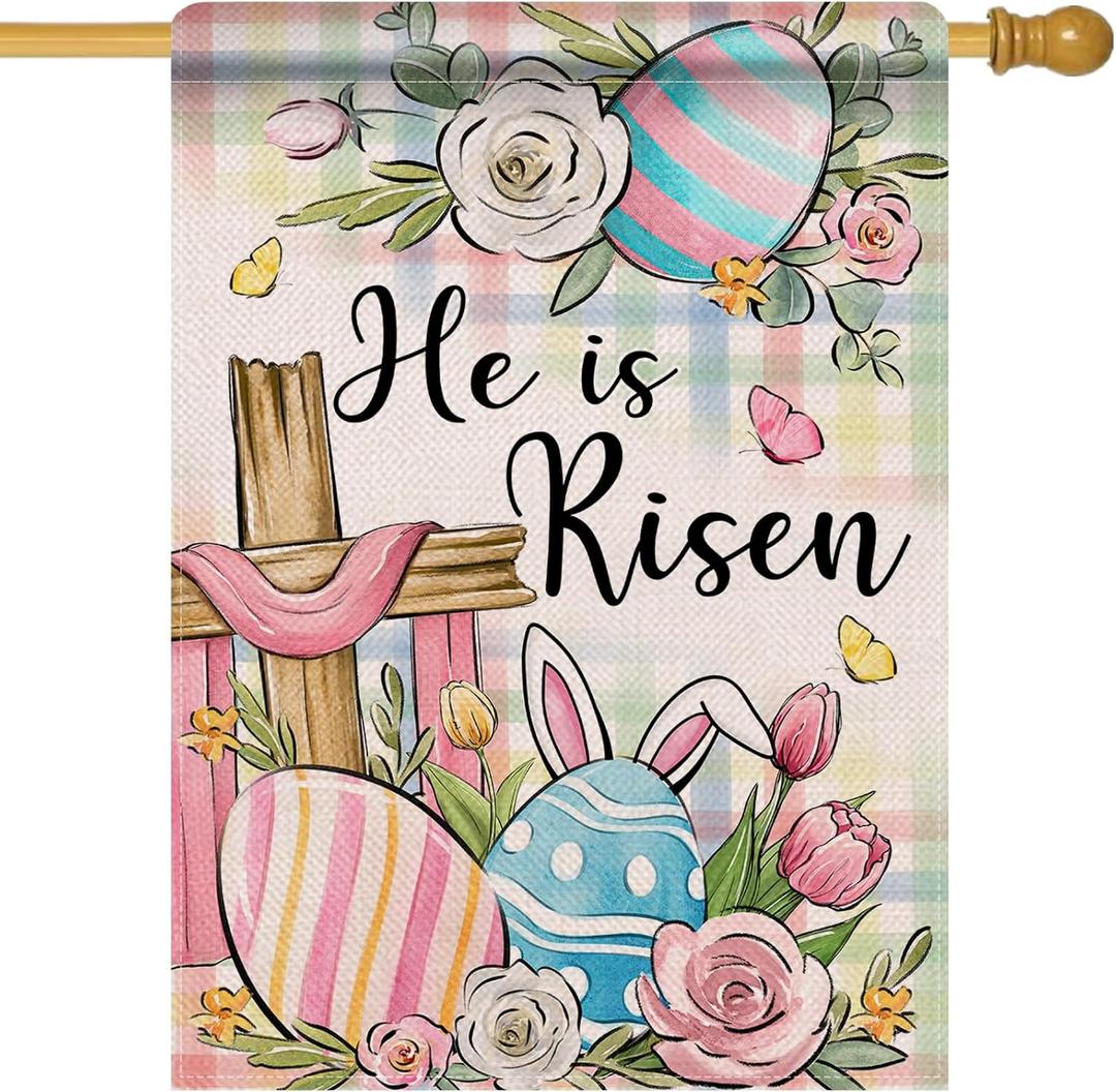 Artofy Christian He is Risen Easter Eggs Large Decorative House Flag, Religious Cross Flower Floral Yard Garden Outside Decor, Spring Plaid Farmhouse Burlap Outdoor Home Decoration Double Sided 28x40